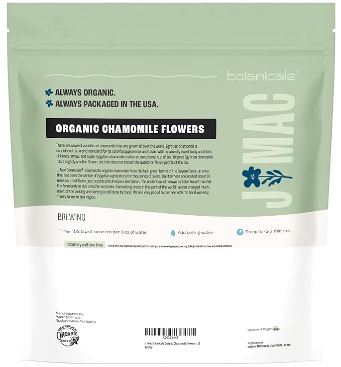 J Mac Botanicals Organic Chamomile Flowers (1 pound) Certified USDA Organic. Whole Dried Chamomile Flower Loose Leaf Tea