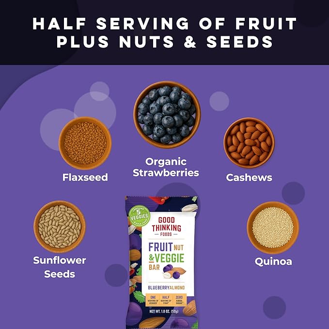 Good Thinking Foods Fruit &amp Veggie Bars-Blueberry Almond | Vegetarian High Fiber (12g) Whole Food Bar Organic Fruit Real Vegetables Healthy Fats Antioxidants No Added Sugar Great Tasting
