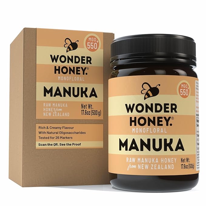 Wonder Honey Raw Manuka Honey New Zealand MGO550 (15+) Tested for 26 Markers Traceable Natural Soothing for Sore Throat Cough - Aids Digestion - Triple Sealed for safety in a Protective Box (1.1lb)