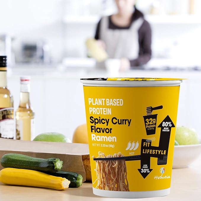 Hethstia Protein Ramen Spicy Curry Flavor 6-Pack Instant Noodle Soup 32g Plant-Based Protein Vegan Low Fat Non-GMO Healthy High Protein Ramen Meal