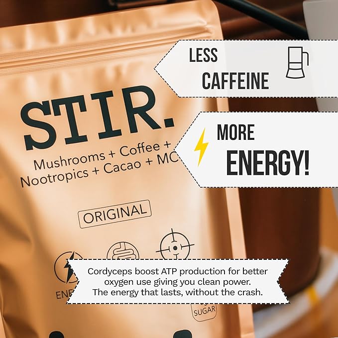 STIR Premium Instant Mushroom Coffee | Lion’s Mane Chaga Reishi Cordyceps Shiitake Turkey Tail | Organic Cacao Vanilla Coconut MCTs | Focus Energy Digestion Support | 30 Servings