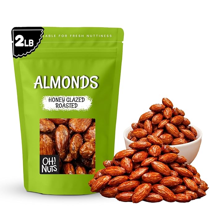 Oh! Nuts Honey Glazed Roasted Almonds - 2 lb - High-Protein Whole Almonds - Packed in New York Zip-Seal Bag for Exceptional Freshness