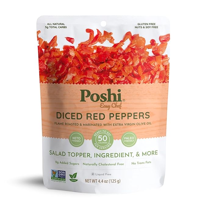 POSHI Diced Red Peppers - Flame-Roasted and Marinated with Extra Virgin Olive Oil - Liquid-Free Ready-to-Use Ingredient No Artificial Preservatives - Gluten-Free Keto Vegan Non-GMO 6 pack 4.4oz