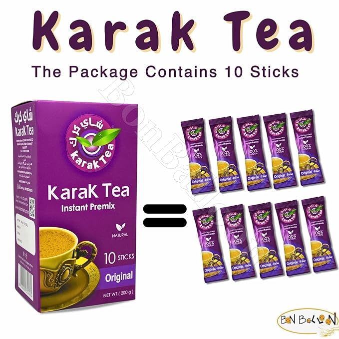 Karak Tea Instant Premix Natural Chai Powder Oriental Egyptian Arab Egypt Arabic Non Gmo Kosher Halal (1 Pack = 10 Sachets x 20 gm) شاى كرك سادة سريع التحضير