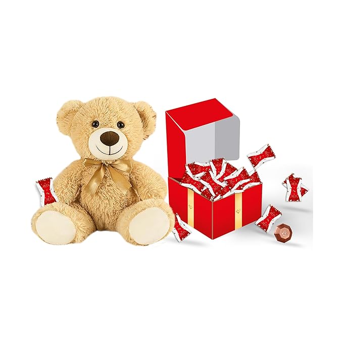 RED Delight®™ 100 Piece Chocolate Gift Box (100 Piece Gift Box w/Truffles + 14 Plush Bear Milk Chocolate w/Coconut Filling)