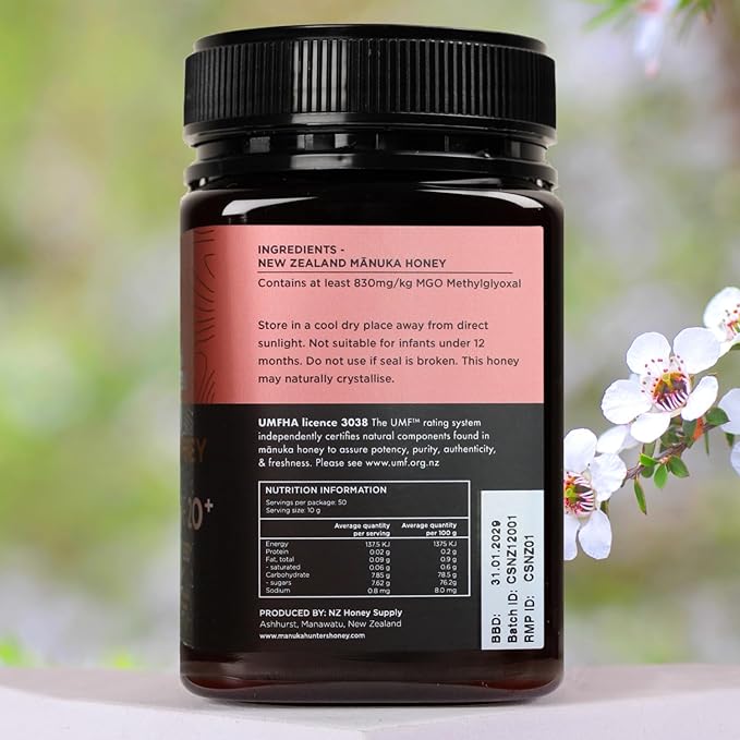 Manuka Hunters UMF 20+/MGO 830+ Certified New Zealand Manuka Honey - 100% Pure Natural Sweetener - Gluten Dairy Free - Ideal for Tea Coffee Smoothies and Baking - Sustainable - 1.1lb/500g Jar