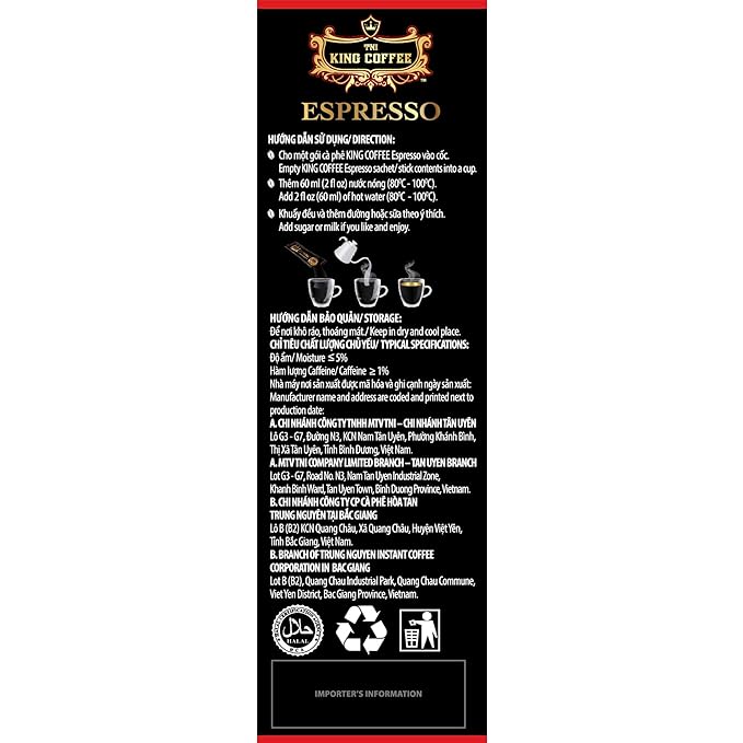 King Coffee Espresso Instant Coffee Vietnamese Coffee Arabica Instant Coffee Mix Medium Roast 15 sticks per box x 2.5g - Pack of 4