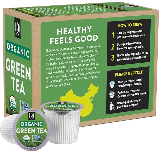 FGO Organic Green Tea K-Cup Pods for Keurig 24 Count (Pack of 1) Premium Green Tea is USDA Organic Non-GMO &amp Recyclable with Naturally Occurring Caffeine