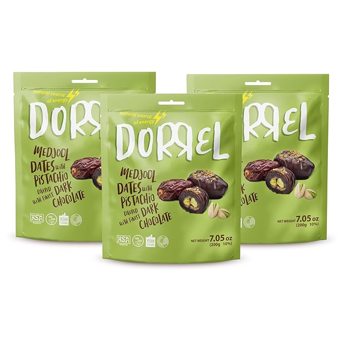DORREL - Belgian Dark Chocolate Covered Dates (Medjool) with Pistachio Stuffing High Energy Vegan Choco Snack Delicious Kosher &amp Non-GMO Pack of 3 Stuffed Chocolate Dates 7.05 oz / 200 g Ea