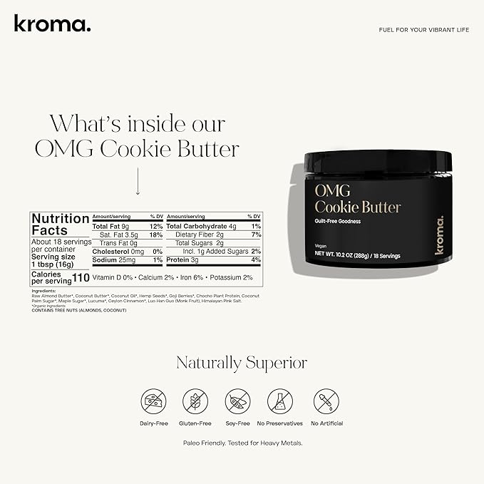 KROMA. OMG Cookie Butter (10.2 Oz) Gluten Free Vegan Snacks Nut Butter Spread Made with Raw Almond Butter Coconut Butter Chocho Plant Protein Powder Omega Rich Fats Dairy Free Protein Dessert