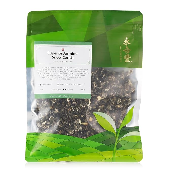 WHF Jasmine Green Tea Superior Snow Conch Loose Tea Hand-Rolled Leaf Conch Shape Naturally Scented Elegant Jasmine Floral Fragrance Low Caffeine 20 Ounce