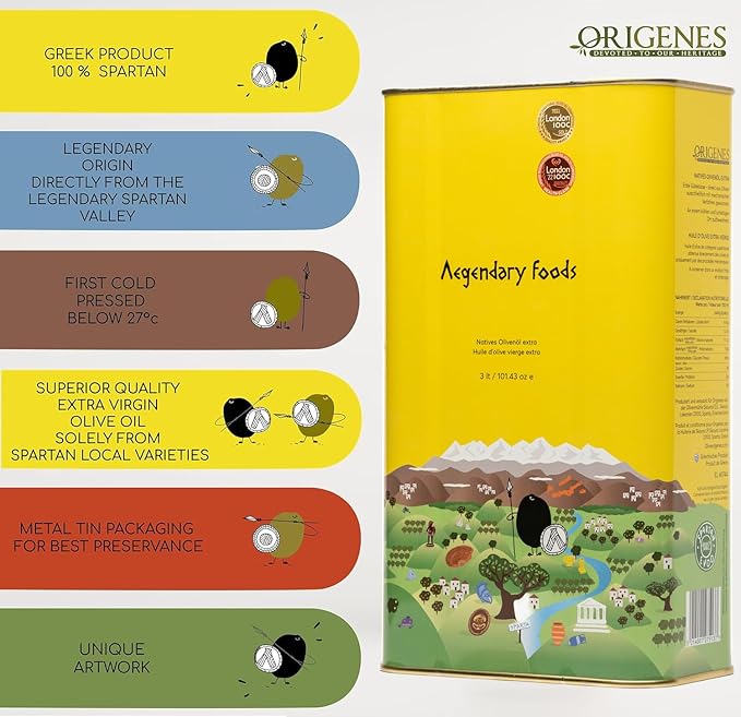 Extra Virgin Olive Oil Tin Great Taste Cold Pressed EVOO Fruity Flavor Polyphenol Rich Olive Oil from the Land of Sparta 3lt Tin