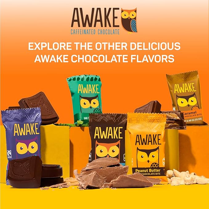 AWAKE - Caffeinated Chocolate Bites - 50mg of Caffeine - Bite-Size Energy Bars - Low-Calorie Snacks - Keto - Gluten-Free - Non-GMO - Coffee Alternative - Almond Sea Salt Dark Chocolate - 50 Bites