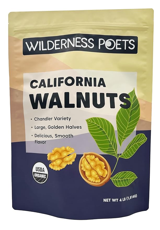 Wilderness Poets California Walnuts - Organic Raw Chandler Heirloom Variety - Golden Blonde Halves Bulk Size (64 Ounce - 4 Pound)