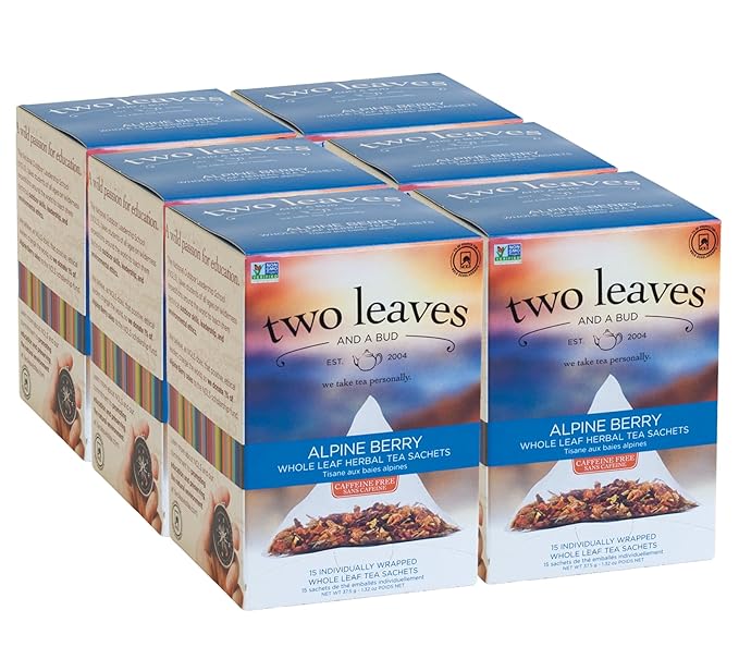 Two Leaves and a Bud Alpine Berry Herbal Tea Bags Naturally Caffeine Free Whole Leaf Herbal Tea with Hibiscus in Sachets 15 Count (Pack of 6)