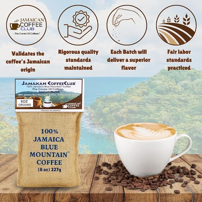 JamaicanCoffeeClub 100% Jamaican Blue Mountain Coffee Ground RG 8oz Fresh Roasted Beans Smooth Bold Flavor Premium Coffee from Jamaica Medium Grind Rich Taste Gourmet Blend
