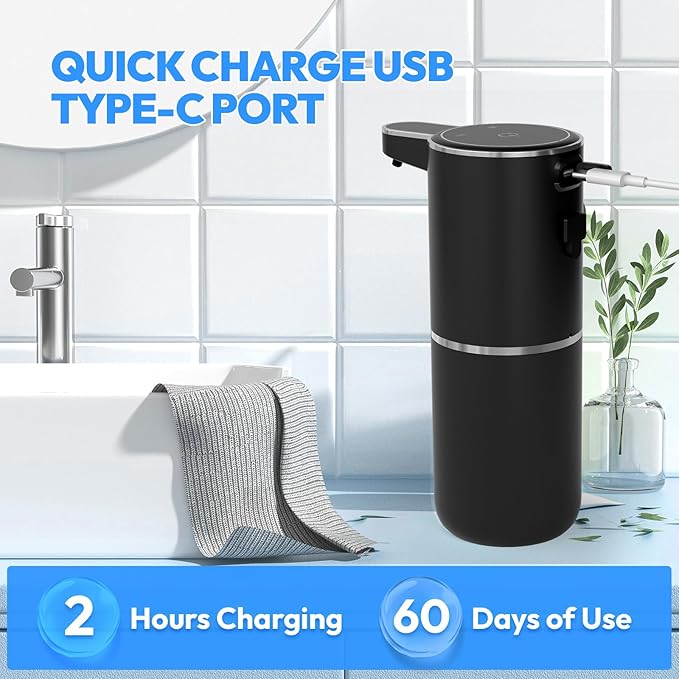 2 Pack Automatic Foaming Soap DispenserTouchless Foam Soap Dispenser12.8oz Rechargeabled Wall Mounted Smart for Bathroom and Kitchen Dish SoapEasy for Toddlers(Black)