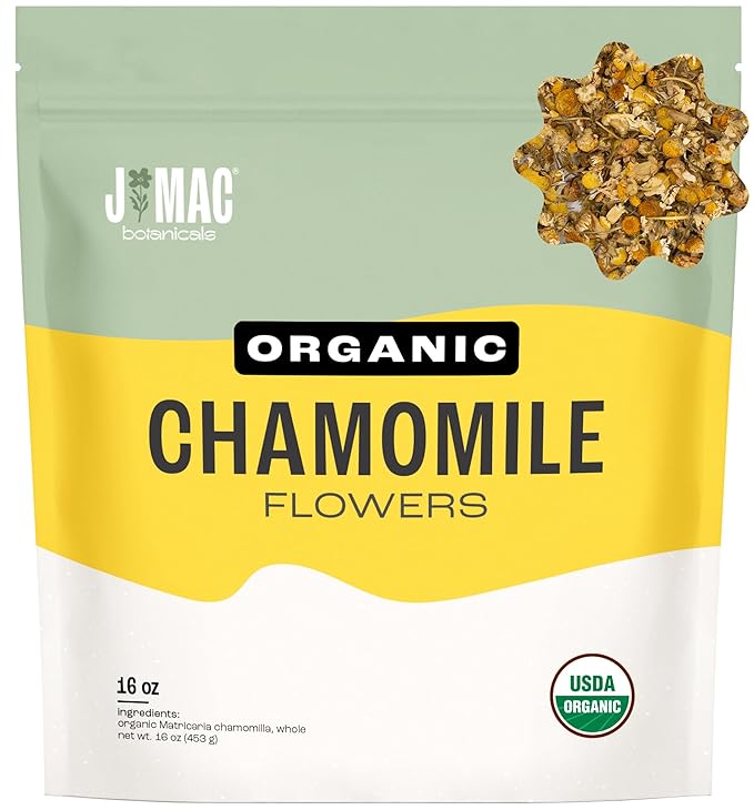 J Mac Botanicals Organic Chamomile Flowers (1 pound) Certified USDA Organic. Whole Dried Chamomile Flower Loose Leaf Tea