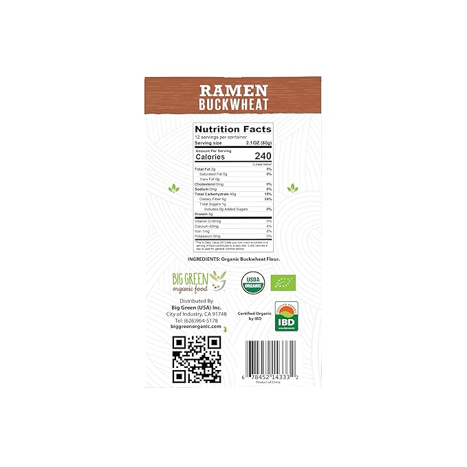 Big Green Organic Food- Organic Buckwheat Ramen 25.3oz 100% buckwheat Gluten-Free Non-GMO Vegan 12 Servings