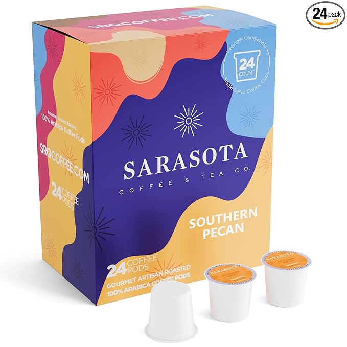 Sarasota K-Cup Coffee Pods | Medium Roast Flavored Coffee | Southern Pecan Crunch | Single Serve for Keurig Brewers | Gourmet Low Acid Mold Free | 24 Count