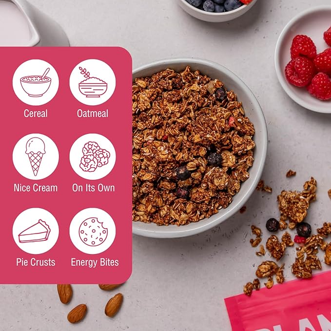 PLANTSTRONG Crispy Mixed Berry Crumble Granola – Whole Grain Oil-Free Granola with Blueberries &amp Raspberries Sweetened Only with Dates Made from Whole Plants Crunchy Breakfast or Snack (4-Pack