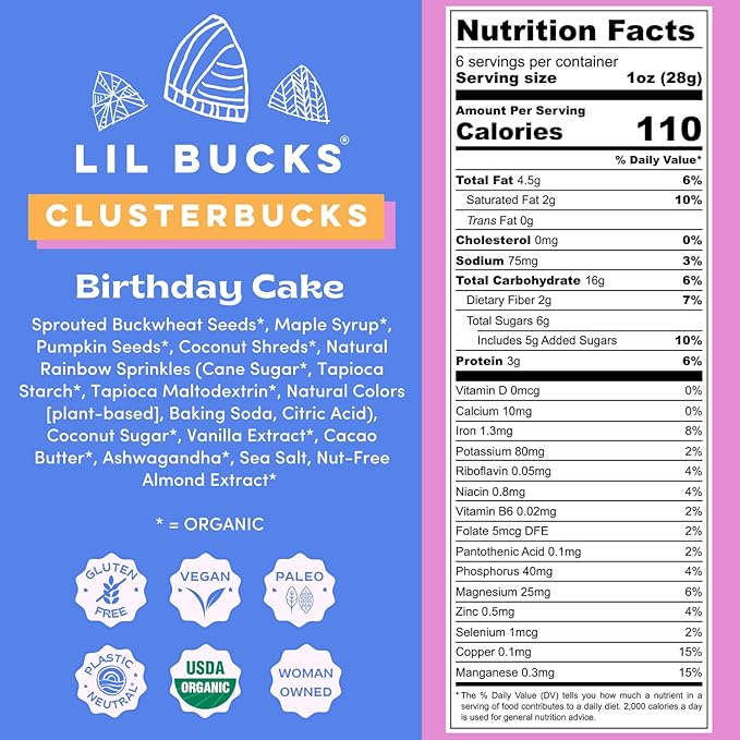 Clusterbucks Superfood Clusters – Grain-Free Keto-Friendly Granola with Regeneratively Grown Sprouted Buckwheat– Gluten-Free Low-Carb Organic Healthy Snack (6 Ounce (Pack of 6) Birthday Cake)