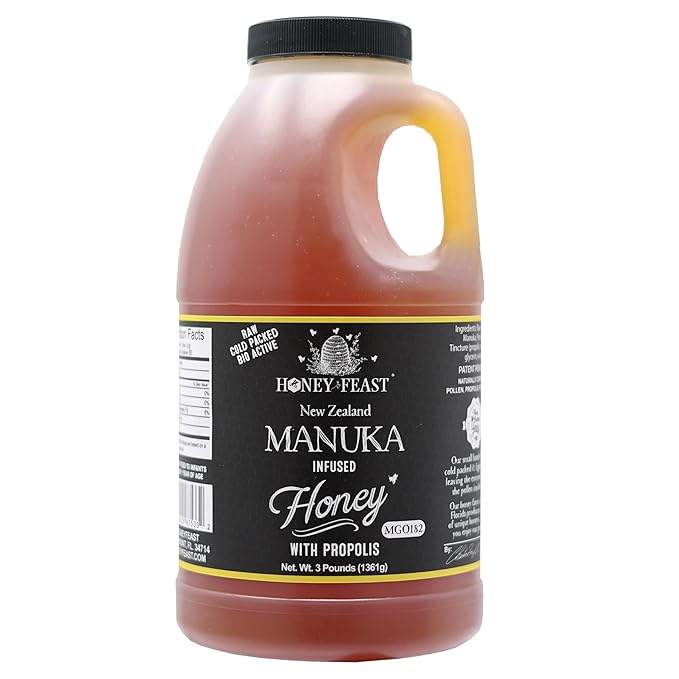 HONEY FEAST Manuka &amp Propolis Infused Honey 3 Pounds MGO 182 – New Zealand Manuka Blend with Propolis Patent-Pending Formula