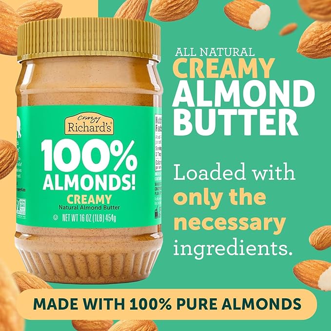 Crazy Richard's 100% All-Natural Creamy Dry Roasted Almond Butter with No Added Sugar and Non-GMO (16 Ounce Pack of 2)