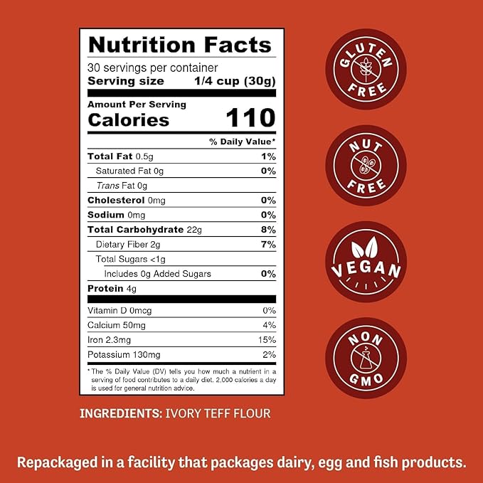 Judee's Ivory Teff Flour 2 lb - Non-GMO Vegan Made in USA - Resistant Starch - Great for Making Quick Teff Bread Injera Muffins Pancakes and Cookies - Gluten-Free and Nut-Free