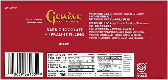 Geneve Swiss Dark Chocolate Bar with Nougat 3.5oz (6 Pack) All Natural Kosher for Passover…