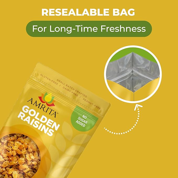Amrita Golden Raisins 2 lb | No Added Sugar Naturally Sweet Gluten Free Dried Sultanas Kishmish | Packed Fresh in Resealable Bags | Yellow and White Raisins Vegan Snacks Healthy Snacks