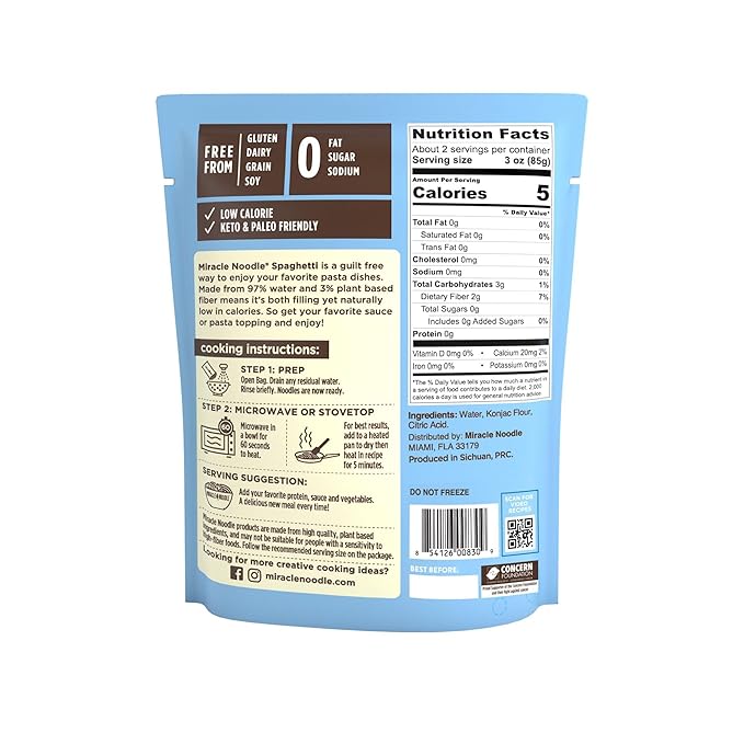 Miracle Noodle Ready to Eat Spaghetti Pasta 7 Oz (Pack of 6) Plant Based Shirataki Konjac Noodles 5 Calories 1g Net Carbs Per Serving Keto Gluten-Free