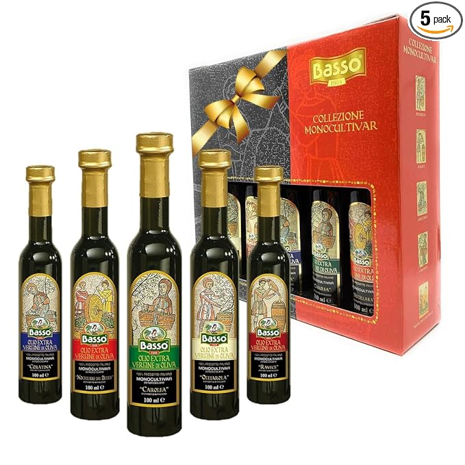 BASSO 1904 - Extra Virgin Olive Oil Gift Set Experience 5 Olive Oil Varieties First Cold Pressed Tasting and Dipping Olive Oil Gift Box (5 pack x 100 ml)