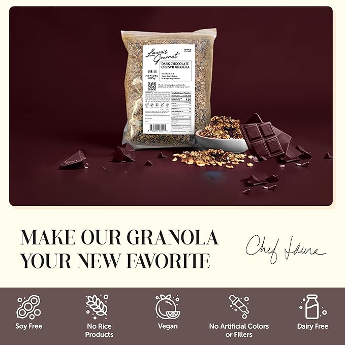 Laura's Gourmet Granola - Dark Chocolate Crunch - Gluten Soy &amp Dairy Free - Organic Agave Bittersweet Chocolate Cocoa Vegan Artisan Chef's Trifecta of Taste Texture &amp Mouthfeel - 2 LB