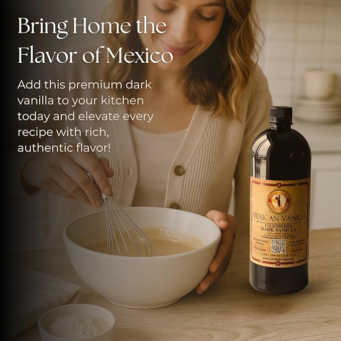 Pure Dark Mexican Vanilla Extract Gluten-Free Vanilla for Baking Cakes Cookies Desserts Coffee &amp Beverages (1 Liter / 33.81 fl oz) – Natural No Coumarin Bold Flavor