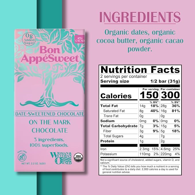 Bon Appesweet Date Sweetened Chocolate Bar - Healthy Dark Chocolate | On The Mark Chocolate | 2.2 Ounce (Pack of 3) | Organic Zero Added Sugar 85% Cacao Plant Based Dairy Free and Guilt Free!