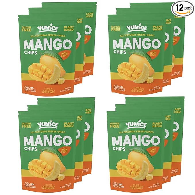 YUNiCE Freeze-Dried Mango Chips 100% Real Fruit Snack Gluten Free Plant Based dried mango no sugar added Crunchy Tropical On-The-Go Snack MANGO 0.70 Ounce (Pack of 12)