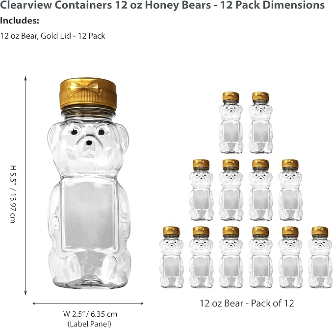12 Ounce Clear Plastic Squeezable Honey Bears with Sealable Flip Top Lids - BPA Free Hand Wash Only (Gold 12 Pack)