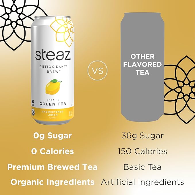 Steaz - Organic Green Tea - Unsweetened Lemon (12 Pack) - Antioxidant Brew - 65mg Natural Caffeine Zero Sugar 0 Calories Vitamin C - Unsweetened Iced Tea - Vegan - 12 Cans 16 fl oz (473mL)