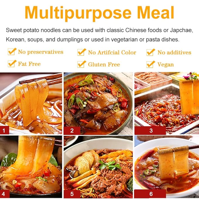 JTEDZI 4 Packs Chinese Glass Noodles Sweet Potato Glass Noodles Chewy Wide Glass Noodles Gluten-free Vegan Kosher Hot Pot Noodles for Japchae Dish and Soup 宽粉 8.8oz per Pack (Pack of 4)