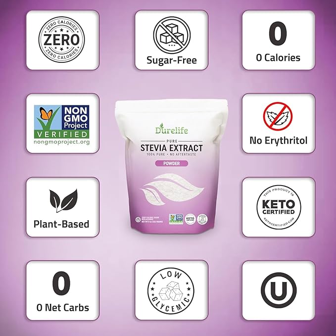 Durelife 100% Pure stevia extract sweetener | No Erythritol NON-GMO Project Verified No Fillers Zero Calorie Sugar Substitute | No Aftertaste | Micro-Spoon Included (16 Ounce (Pack of 1))