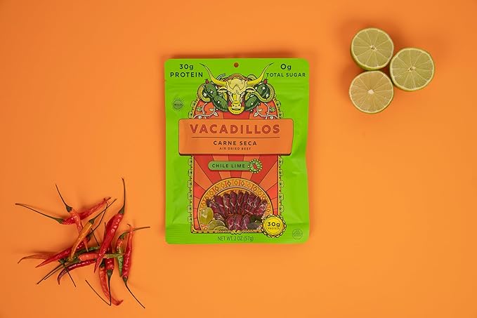 Vacadillos - High Protein Carne Seca | 30g Protein Sugar Free Carbs Free Gluten Free Dairy Free Keto &amp Paleo Friendly | Mexican Inspired Beef Jerky Snack | Chile Lime Pack Of 4