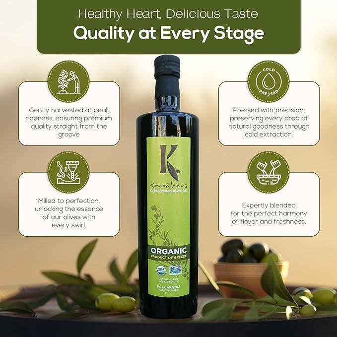 Kasandrinos Organic Olive Oil Extra Virgin Polyphenol Rich Greek Olive Oil 100% Organic First Cold Pressed Mild + Delicate Flavor Verified by Non GMO 1 L / 33.8 oz