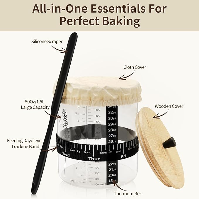 57oz Sourdough Starter Jar Wide Mouth Sourdough Jar Large Capacity Sourdough Starter Kit with Lid Band Date Tracker Temp Sourdough Bread Starter Kit for Perfect Sour Dough(1 Pack)