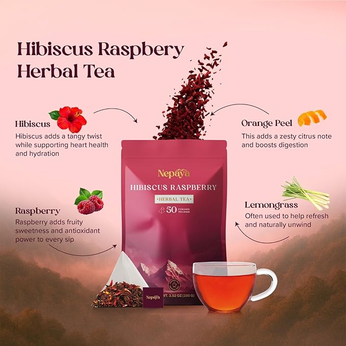 Hibiscus Raspberry Herbal Tea Bags Caffeine Free Pyramid Tea Bags Fruity Berry Blend with Rosehip Lemongrass &amp Orange Peel Hot or Ice Tea 50 Biodegradable Bags