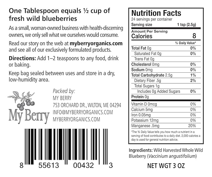 Wild Blueberry Powder Unsweetened by My Berry 3oz | 100% Whole Berry With No Added Sugar or Fillers | Low-Heat Dried | Grown in North America
