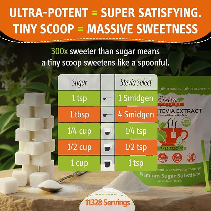 Stevia Select Organic Stevia Powder Sugar Free Plant Based Stevia Sweetener Non GMO Pure Stevia Extract Sugar Substitute No Additives Zero Calorie 16 Oz