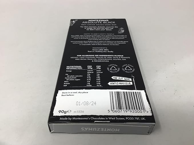 Montezuma Dark Chocolate Absolute Black 100% Cocoa 90g (Pack of 9)