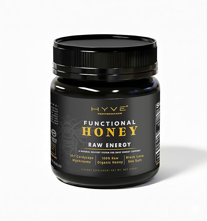 HYVE Functional Pre-workout Raw Energy Honey with Organic Cordyceps Mushrooms Black Lava Sea Salt &amp Organic Honey – Natural Energy Boost 8 Ounce Jar