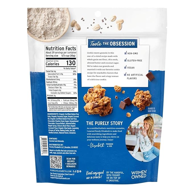 Purely Elizabeth Chocolate Chip Cookie Granola – 31 oz Bag – Gluten Free Non GMO and Vegan – Made with Organic Oats Chia Seeds and Coconut Oil
